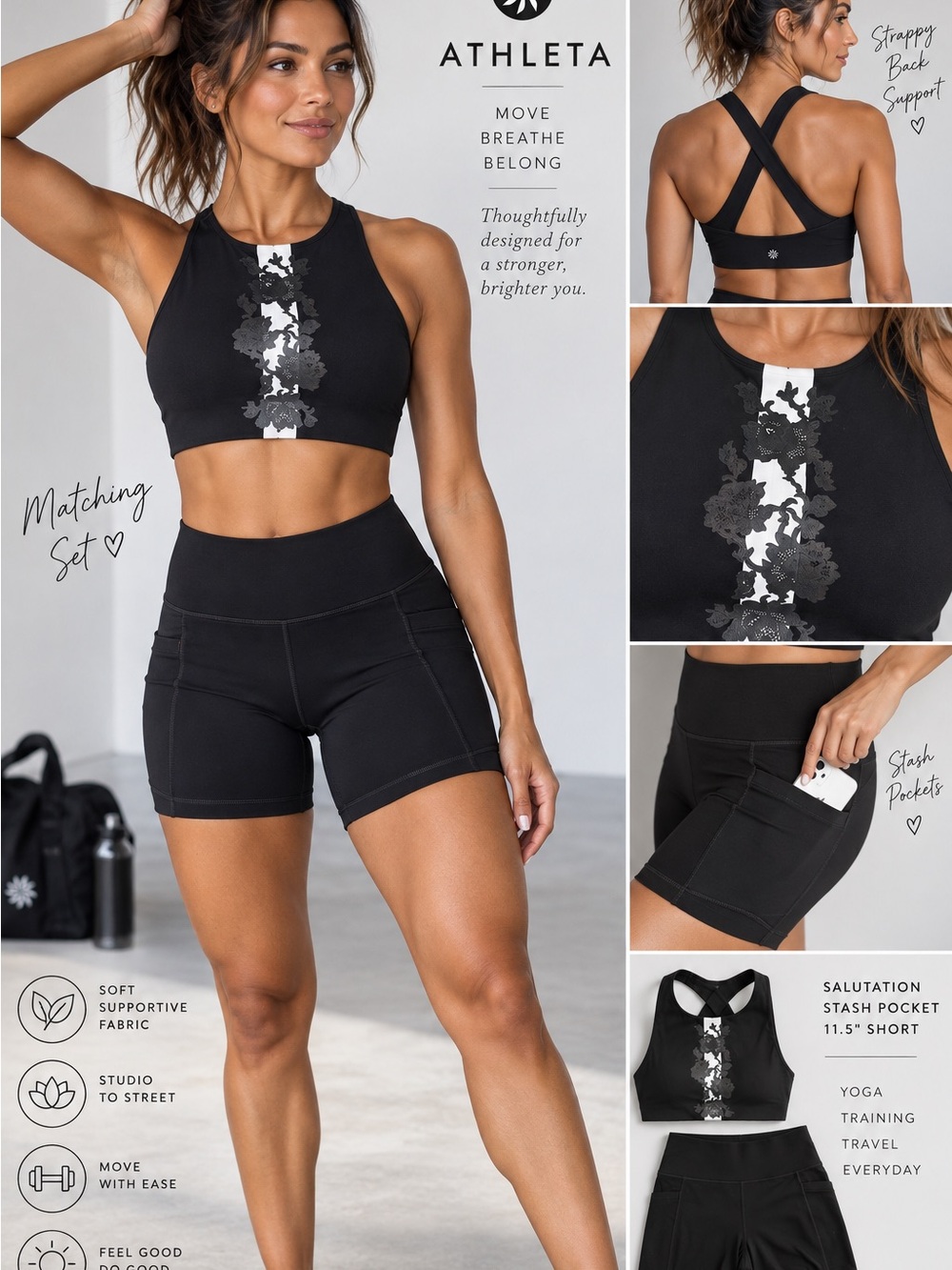 Athleta Black Floral 2-Piece Matching Workout Set Size S
